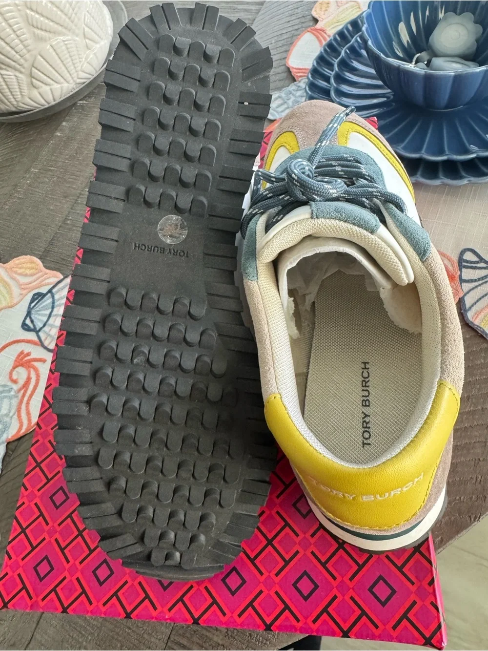 Tory Burch White, Light Taupe, Stormy & Yellow Runner Sneaker